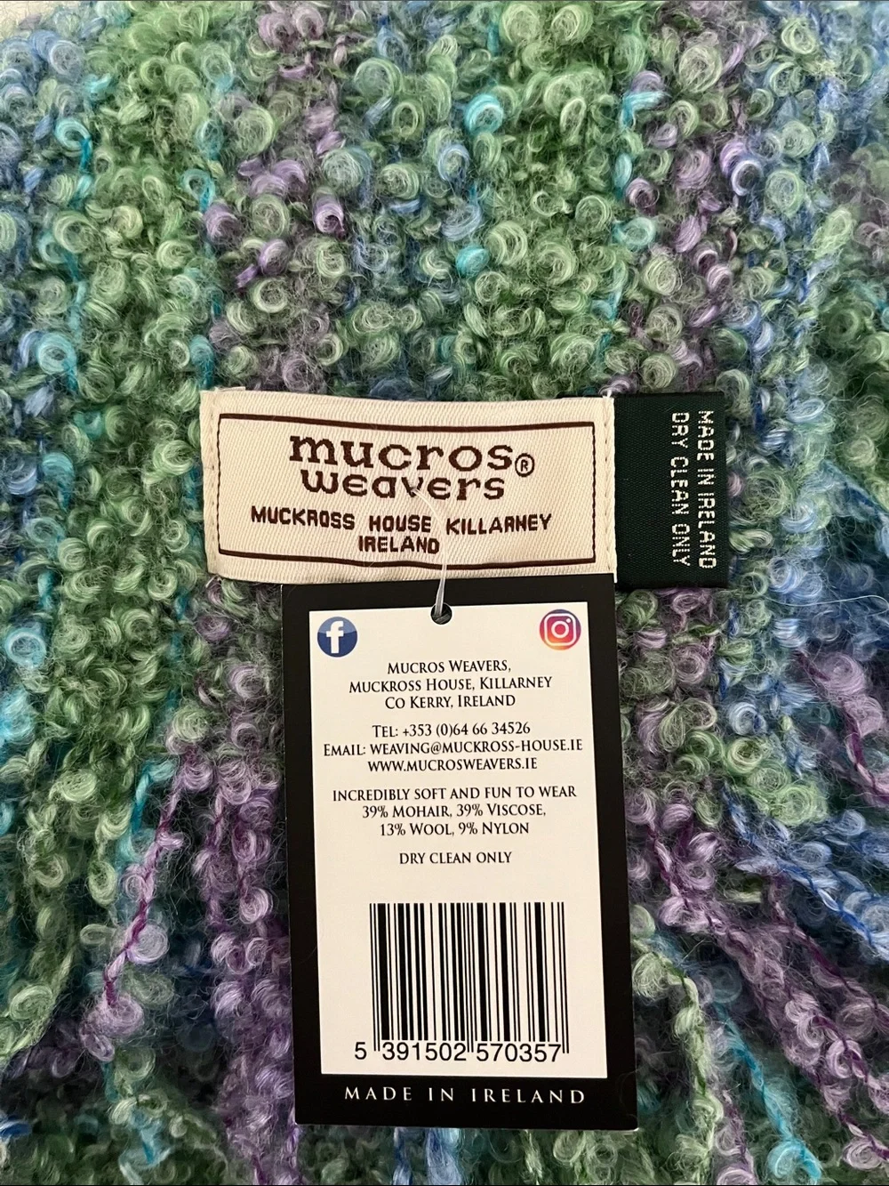 Mucros Weavers Irish Mohair & Viscose Scarf - Multicolor Green, Blue, Purple NWT